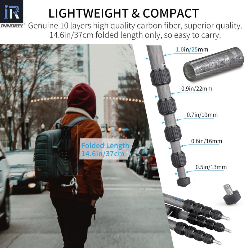 Innorel 10 Layers Carbon Fiber Travel Tripod Monopod-INNOREL RT55C with 36mm Panoramic Ball Head 360 Degree and Carrying Case Professional Lightweight Compact Tripods for Digital Camera Camcorder DSLR - Image 5